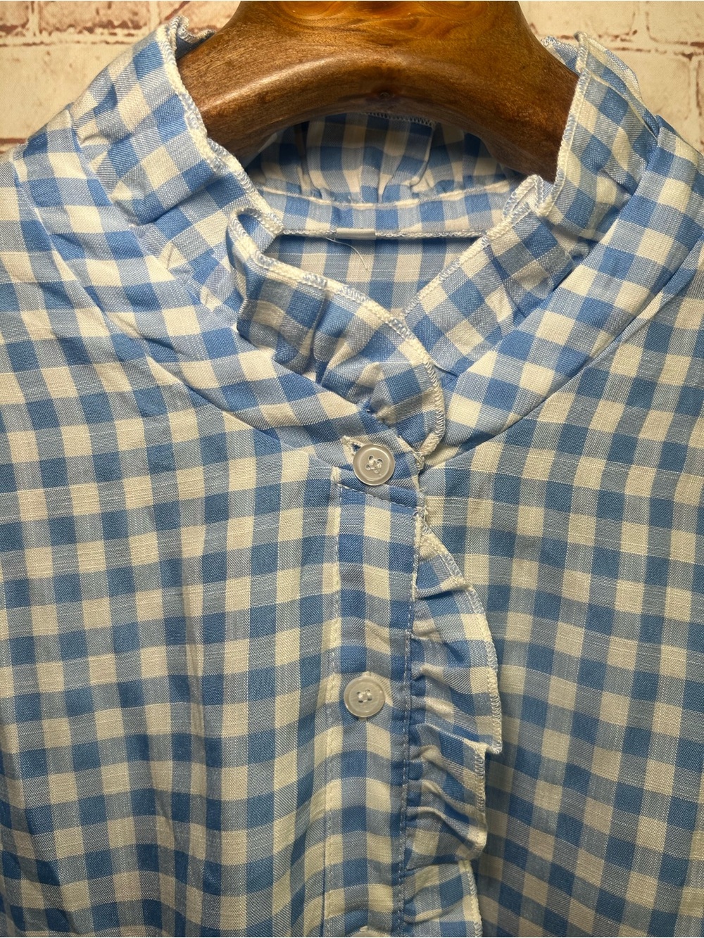 Blue White Gingham Ruffle Blouse Puff Sleeve Button Front Preppy Cottagecore Top - Picture 5 of 7